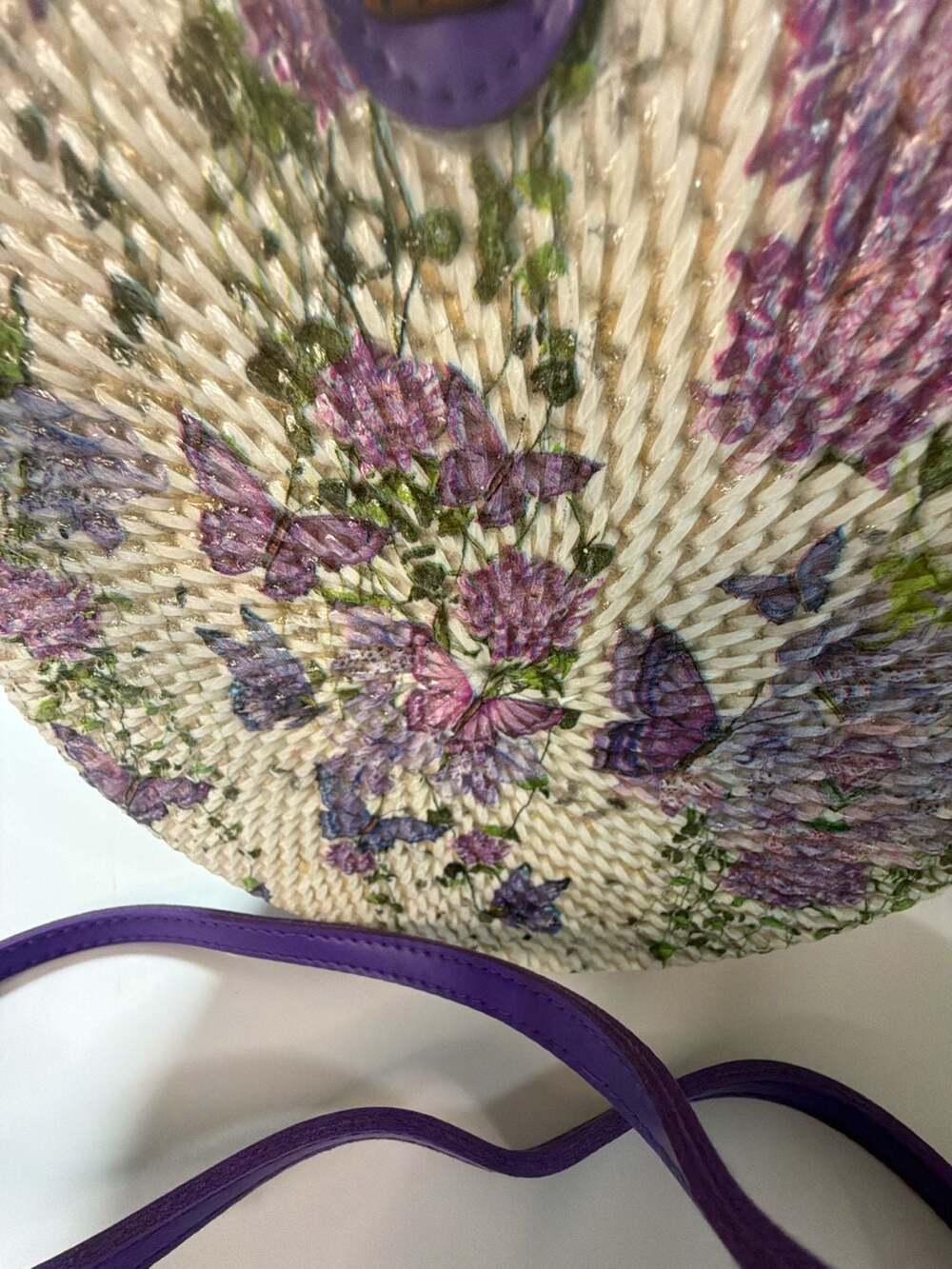 Handwoven Round Bali Rattan Crossbody Bag with Purple Butterfly Floral Decoupage - Picture 2 of 4